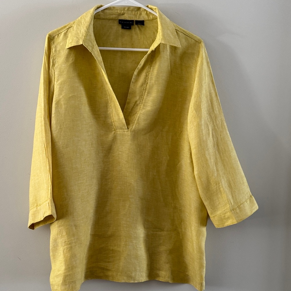Tahari Yellow Linen V-Neck Tunic Top